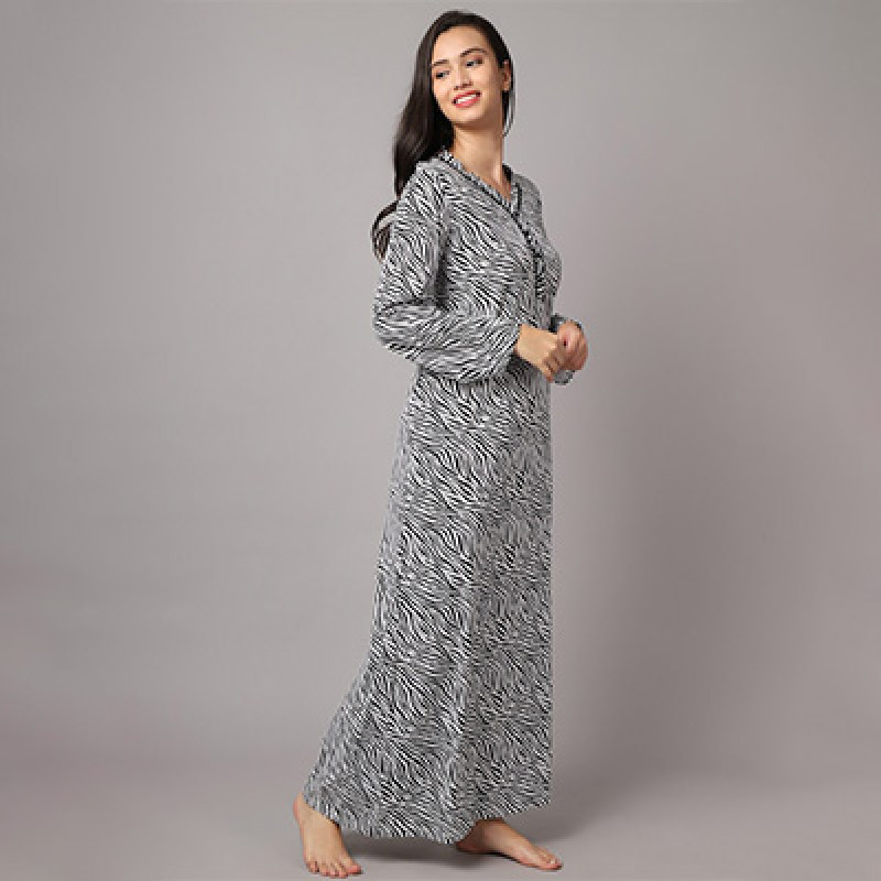 Women Black & White Printed Maxi Nightdress