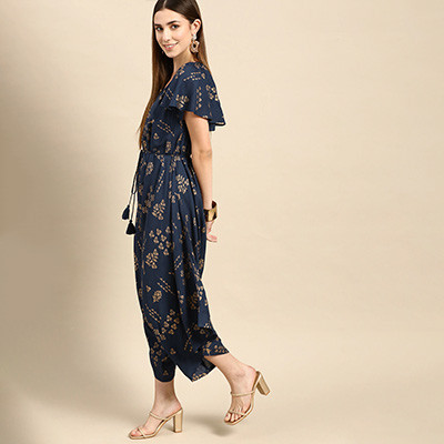 Navy Blue & Golden Ethnic Motifs Printed Basic Jumpsuit