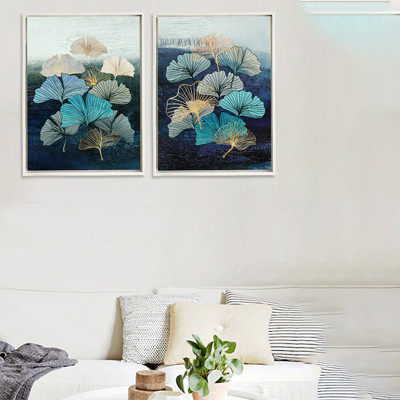 Set of 2 Blue & Gold Coloured Floral Framed Canvas Wall Art