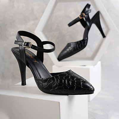 Black Textured PU Stiletto Mules with Buckles