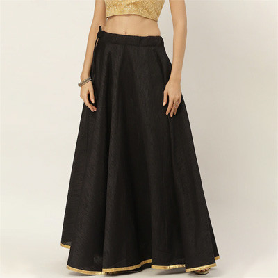 Women Black Solid Full Flare Double Ghera Lehenga Skirt