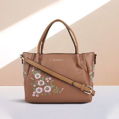 Brown Floral Print PU Regular Structured Handheld Bag