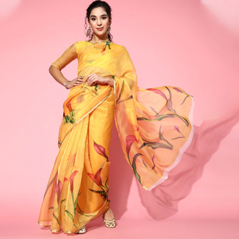 Yellow Floral Print Organza Tussar Saree