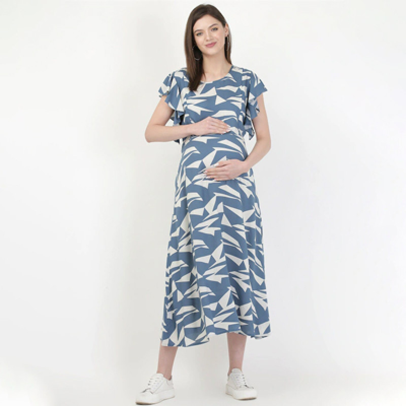 Women Blue & White Maternity Midi Dress