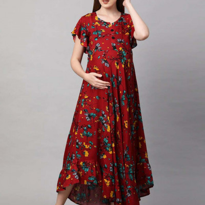 Red Floral Maternity Maxi Nursing Dress