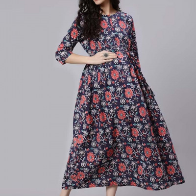 Blue Floral Maternity Cotton Maxi Dress