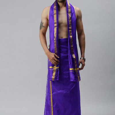 Men Blue Solid Pure Silk Dhoti