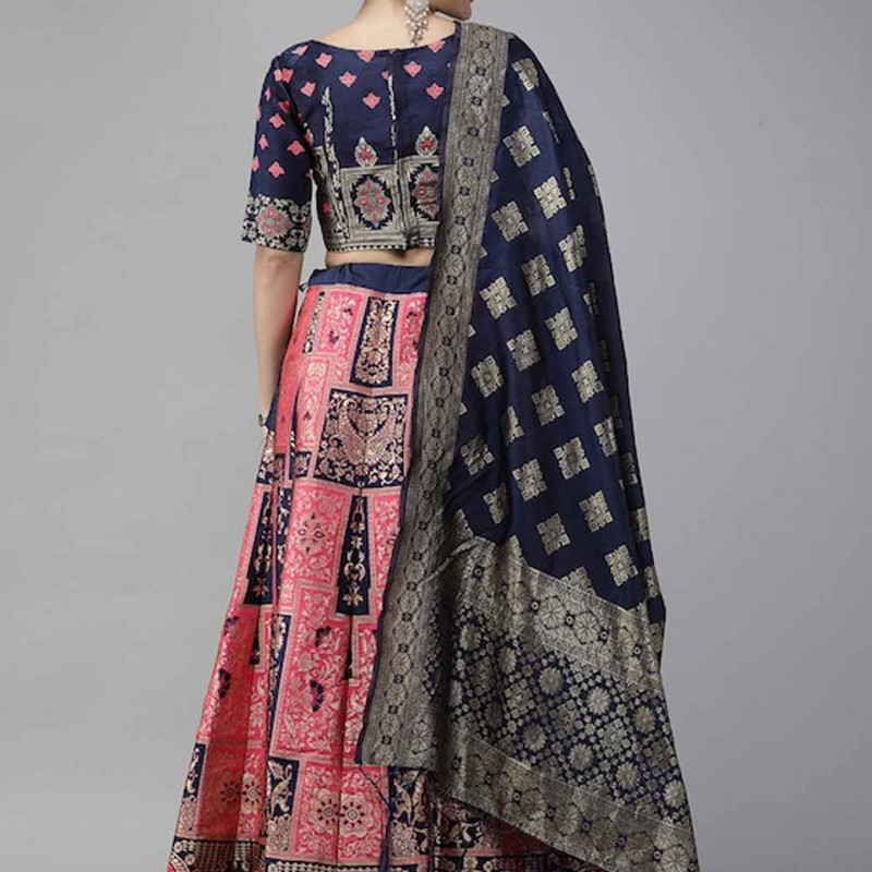 Pink & Navy Blue Woven Design Semi-Stitched Lehenga & Unstitched Blouse with Dupatta