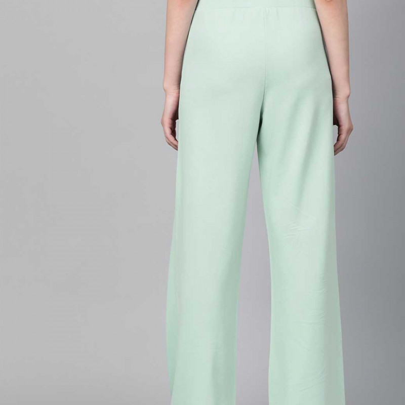 Women Mint Green Solid Wide Leg Track Pants